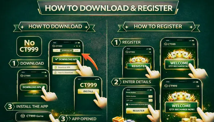 CT999 Game how to download and register guide showing APK download, install steps, and account registration process